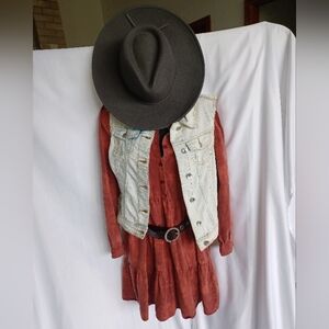Festival Vibes Boho, 4 Pc Outfit W/Brown Dress, Jean Vest, Belt & NWT Hat